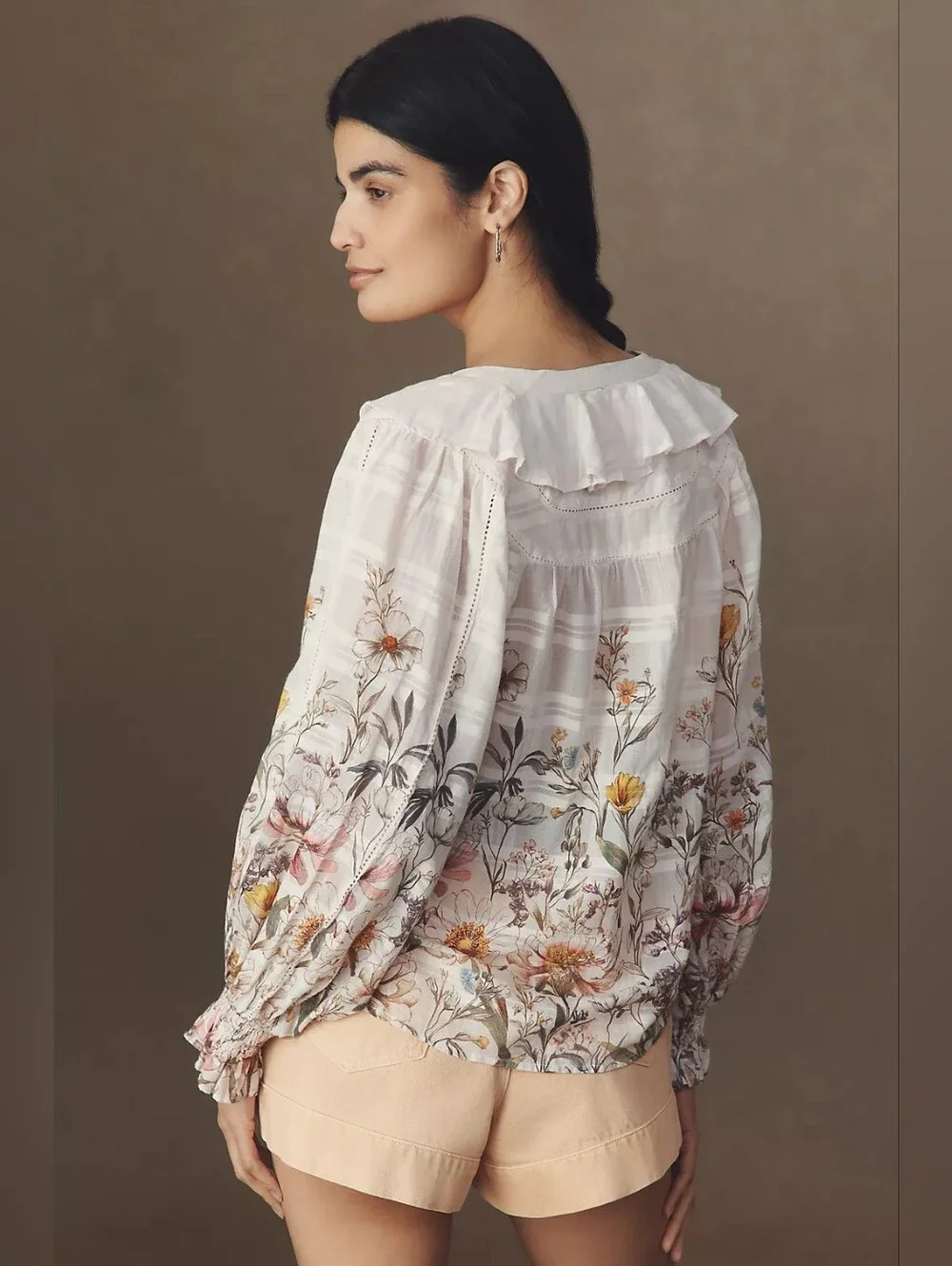 Anthropologie White Floral Ruffle V-Neck Blouse